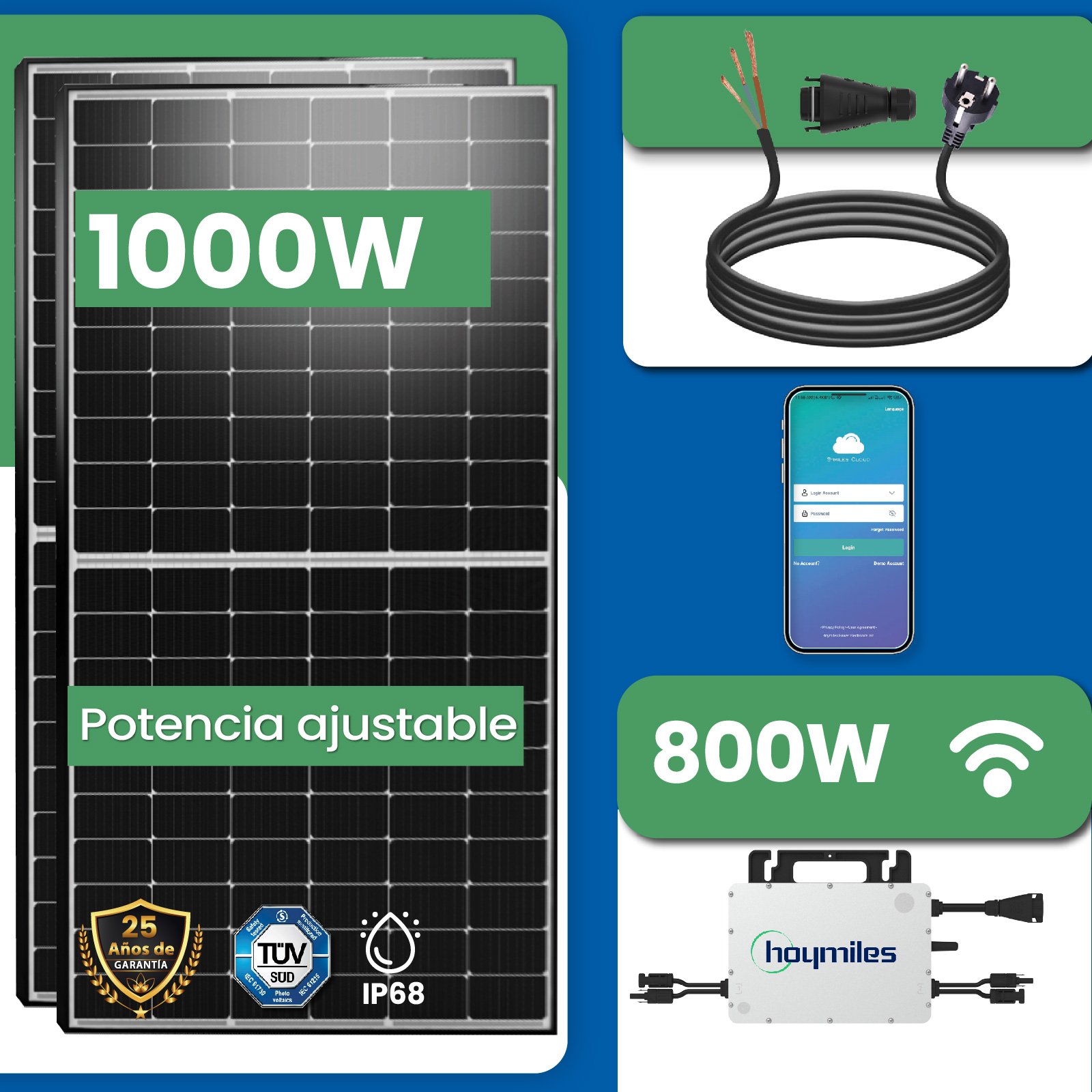 1000W Kit Solar Fotovoltaico Autónomos - Hoymiles HMS-800W-2T WiFi  Monofásico Microinversor + 2 Panel Solar de 500 W + enchufe Schuko + 1  Cable de AC de 10m - EPP Solar ES